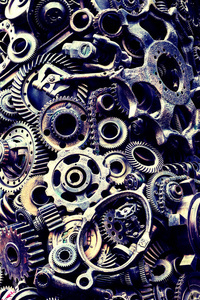 機械零件齒輪、蒸汽朋克齒輪、車輪、汽車零件堆、舊生銹的鐵鏈、彈簧、車輪關(guān)閉